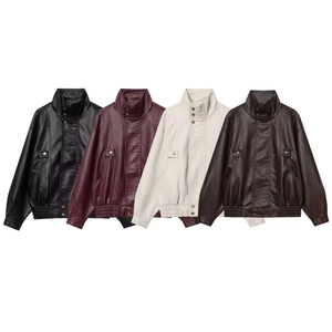 Women's Vintage Faux Leather Jacket Stand Collar Buttons Loose Fit PU Outerwear For Autumn Winter Casual Elegant Tops