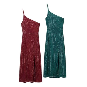 Women Sexy One Shoulder Sequin Maxi Dress High Slit Elegant Bodycon Banquet Evening Party Sleeveless Sparkling Long Dress