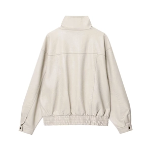 Rear view of a beige faux leather bomber jacket with stand collar and elastic hem