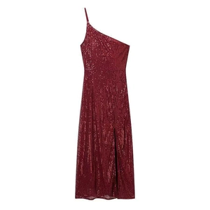 Sparkly one-shoulder wine red sequin midi dress with side slit for cocktail parties
