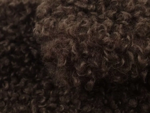 Detailed close-up showing thick curly faux fur texture of a dark brown winter fleece jacket