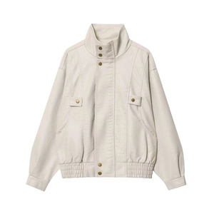 Retro cream faux leather jacket with stand collar and vintage buttons in a loose fit