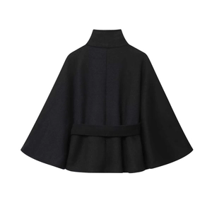 Detail view of the black wool blend cape coat showing stand collar and back decorative strap