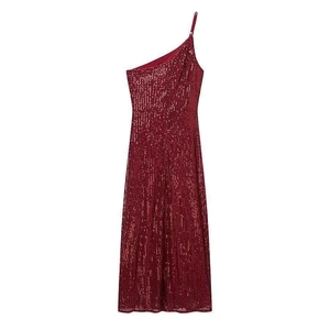 Elegant dark red sequined one-shoulder dress with thin strap and shimmering finish
