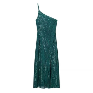 Elegant emerald green sequin one-shoulder dress with a high side slit and thin strap