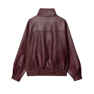 Back view detail of burgundy PU leather jacket featuring retro stand collar and elastic hem