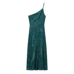 Detailed close-up of shiny dark green sequins on this elegant one-shoulder evening dress