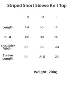 Detailed size chart for the striped short-sleeve knit jacket with measurements