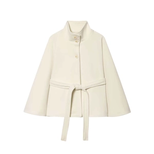 Elegant cream wool cape coat featuring a high collar and adjustable waist belt