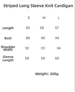 Size chart for striped long sleeve knit cardigan showing length, chest and sleeve measurements