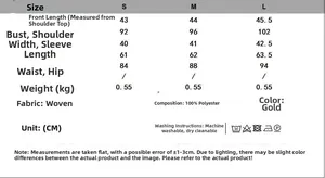 Size chart showing S to L measurements for the golden short tweed jacket with fabric details