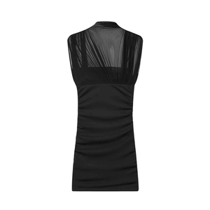 Women's black sleeveless ruched mini dress with mesh patchwork and elegant back detail