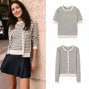Detail of striped knit cardigan set featuring button-down front and soft cotton fabric