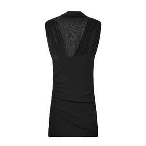 Chic black sleeveless mini dress with mesh patchwork and ruched detailing back view