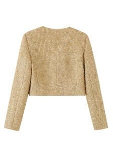 Rear view of gold tweed cropped jacket showing metallic fiber weave and elegant cut