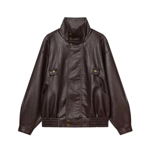 Vintage burgundy faux leather jacket with high stand collar and elastic waist hem
