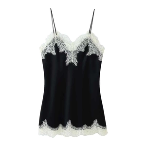 Women Elegant Satin Texture Lace Patchwork Cami Top Sexy V-Neck Sleeveless Black Blouse With White Eyelash Lace Trim For Daily