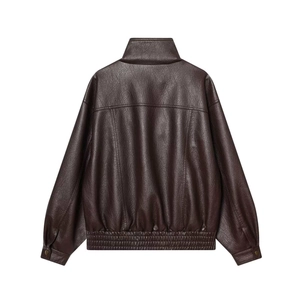 Oversized dark brown leather jacket with stand collar and elastic hem, back view