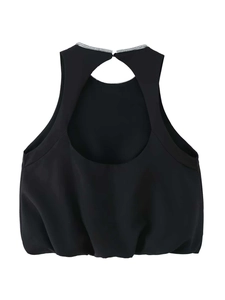 Detail of black halter top featuring sparkling silver rhinestones and open back design