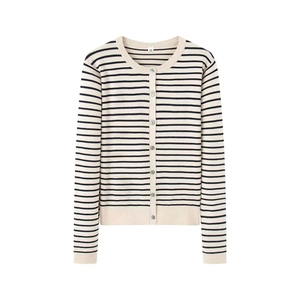 Detail of striped knit cardigan showing the round neckline, buttons and soft fabric texture