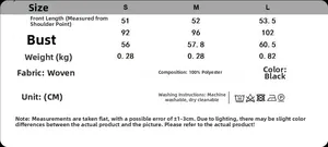Detailed size chart for black sleeveless bubble top with bust and length measurements