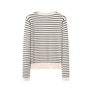 Detail view of the ribbed round neckline and striped knit texture of the long-sleeved top
