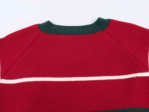Detail of red and green ribbed crew neck with white stripe knit texture on winter sweater