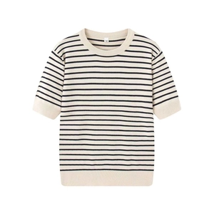 Classic striped short sleeve knit cardigan with round neck and ribbing in cream and navy