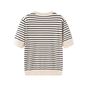 Classic crewneck short sleeve striped knit cardigan with button-down front in ivory and navy