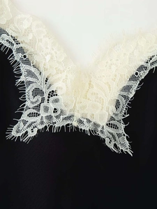 Close-up of black satin fabric featuring intricate cream eyelash lace floral detail