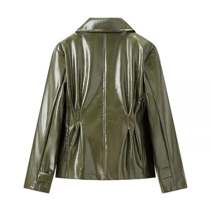 Back view of glossy olive green faux leather jacket with waist pleats and seam detail
