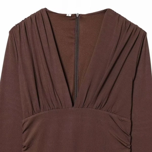Slim fit dark brown satin texture maxi dress with deep V-neck and pleat details