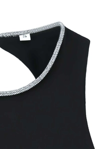 Detail of beaded rhinestone neckline on black S-size sleeveless top with size tag