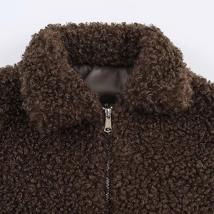 Brown teddy fleece jacket with full zipper and warm curly faux shearling texture