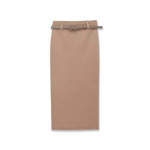 Jupe Midi en Tricot Côtelé à Taille Haute pour Femmes Avec Ceinture Kaki Jupe Crayon Droite Coupe Ajustée Élégante