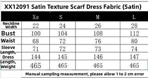 Tableau des tailles détaillé pour robe satinée avec mesures buste taille et longueur