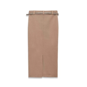 Jupe midi élégante en maille côtelée kaki avec ceinture fine et fente à l'arrière