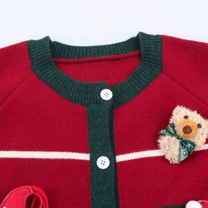 Festive red and green Christmas knit cardigan with 3D teddy bear and Merry Christmas ribbon