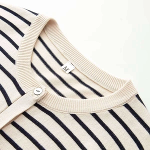 Close-up of knit striped cardigan collar with white buttons and clear fabric texture