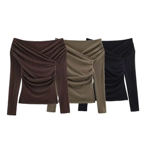 Haut en Tricot à Manches Longues et Épaules Dénudées pour Femmes Col Croisé Coupe Slim Couleur Unie Élégant Automne
