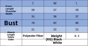 Size chart for women's knit top showing S to L measurements and polyester material info