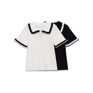 Women French Style Peter Pan Collar Ribbed Knit Short Sleeve Shirt Elegant Contrast Color Ruffle Trim Button Knit Top
