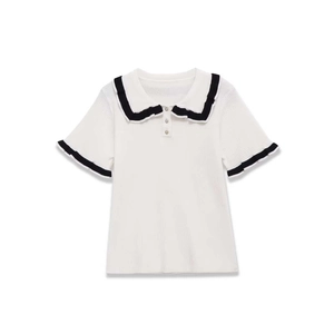 Women's knit short sleeve top with Peter Pan collar and black contrast ruffled trim