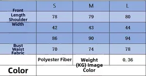 Tableau des tailles pour combinaison femme avec mesures S, M, L et détails du tissu