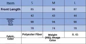 Size guide table for sleeveless double-breasted dress with measurements and fabric specs