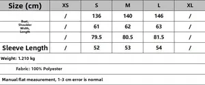 Size chart detail for winter short puffer jacket with chest and length measurements
