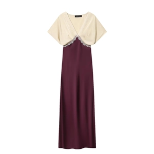 Women Elegant Satin Patchwork Lace V-Neck Maxi Dress Short Sleeve Contrast Color Splicing Chic A-Line Long Dress For Ladies