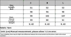 Size chart table for women knitting sweater showing S, M, L measurements in centimeters