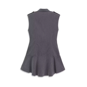 Deep grey sleeveless double-breasted dress with shoulder epaulets and ruffled fishtail hem