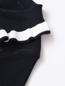 Macro shot of fine ribbed knit fabric with black and white contrast ruffles